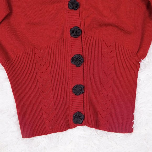 NY Collection Red Sweater with black rose buttons - Picture 6 of 10